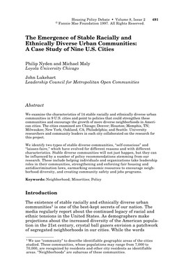The Emergence of Stable Racially and Ethnically Diverse Urban Communities: a Case Study of Nine U.S. Cities