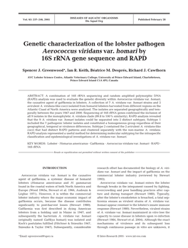 Genetic Characterization of the Lobster Pathogen Aerococcus Viridans Var. Homari by 16S Rrna Gene Sequence and RAPD
