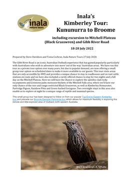 To Download the Itinerary for the Kununurra to Broome Tour