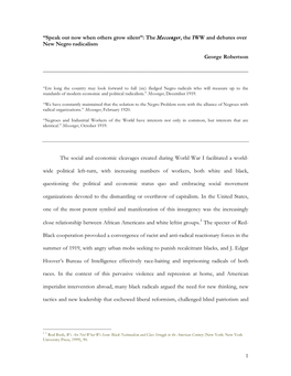 “Speak out Now When Others Grow Silent”: the Messenger, the IWW and Debates Over New Negro Radicalism