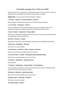 Timetable Changes from 15Th June 2020