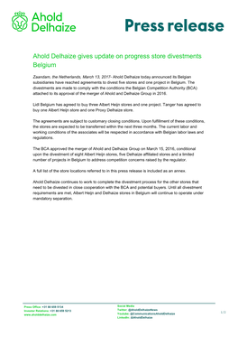 Ahold Delhaize Gives Update on Progress Store Divestments Belgium