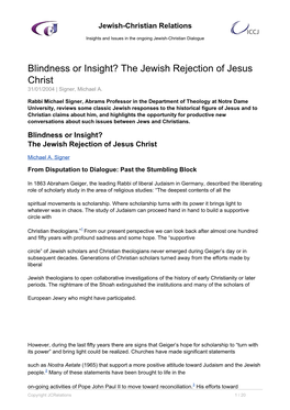 The Jewish Rejection of Jesus Christ 31/01/2004 | Signer, Michael A