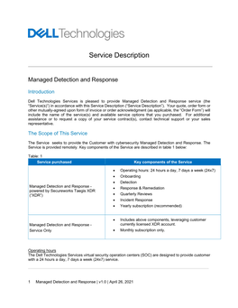 Managed Detection and Response Service (The “Service(S)”) in Accordance with This Service Description (“Service Description”)