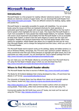 Microsoft Reader Books for All Introduction User Guide Microsoft Reader Is a Free Program for Reading ‘Ebooks’ (Electronic Books) in ‘LIT’ Format