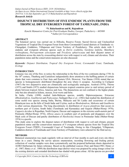 Disjunct Distribution of Five Endemic Plants from the Tropical Dry Evergreen Forest of Tamilnadu, India *N