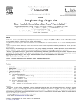 Ethnopharmacology of Lippia Alba Thierry Hennebelle A, Sevser Sahpaz A, Henry Joseph B, Franc¸Ois Bailleul A,∗ a Laboratoire De Pharmacognosie, E.A