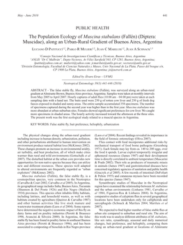 The Population Ecology of Muscina Stabulans (Fallén) (Diptera: Muscidae), Along an Urban-Rural Gradient of Buenos Aires, Argentina