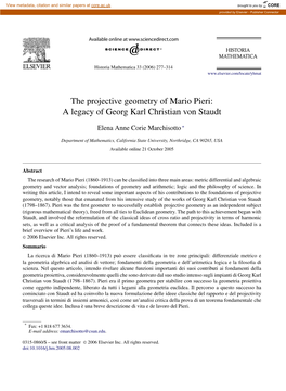 The Projective Geometry of Mario Pieri: a Legacy of Georg Karl Christian Von Staudt