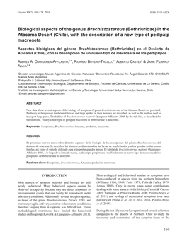 Aspectos Biológicos Del Género Brachistosternus (Bothriuridae) En El Desierto De Atacama (Chile), Con La Descripción De Un Nuevo Tipo De Macroseta De Los Pedipalpos