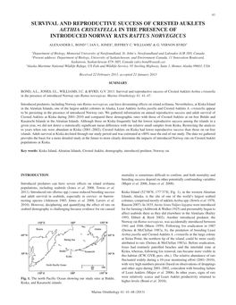 Survival and Reproductive Success of Crested Auklets Aethia Cristatella in the Presence of Introduced Norway Rats Rattus Norvegicus