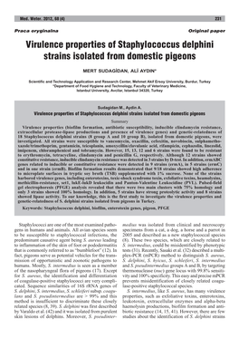 Virulence Properties of Staphylococcus Delphini Strains Isolated from Domestic Pigeons