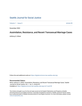 Assimilation, Resistance, and Recent Transsexual Marriage Cases