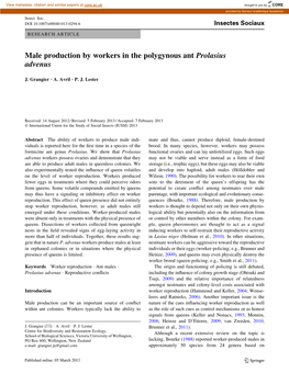 Male Production by Workers in the Polygynous Ant Prolasius Advenus
