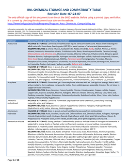 BNL CHEMICAL STORAGE and COMPATIBILITY TABLE Revision Date: 07-24-07 the Only Official Copy of This Document Is On-Line at the SHSD Website