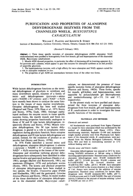 Purification and Properties of Alanopine Dehydrogenase Isozymes from the Channeled Whelk, Busycotypus Ca Na Lic Ula Tum