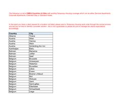 EMEA Countries & Cities with Existing Temporary Housing Coverage Which Can Be Either Serviced Apartments, Corporate Apartments, Extended Stay Or Standard Hotels