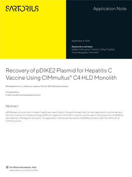 Recovery of Pdike2 Plasmid for Hepatitis C Vaccine Using Cimmultus® C4 HLD Monolith