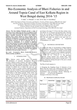 Bio-Economic Analysis of Bheri Fisheries in and Around Topsia Canal of East Kolkata Region in West Bengal During 2014-’15 S