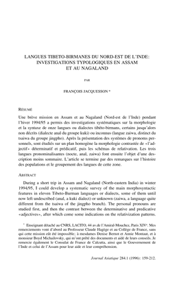 Investigations Typologiques En Assam Et Au Nagaland