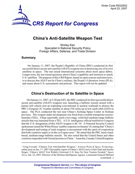 China's Anti-Satellite Weapon Test