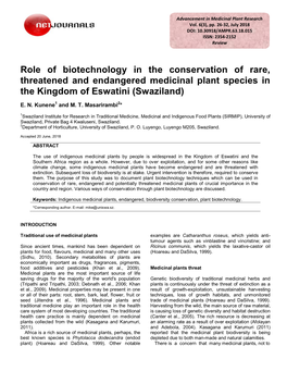 Role of Biotechnology in the Conservation of Rare, Threatened and Endangered Medicinal Plant Species in the Kingdom of Eswatini (Swaziland)
