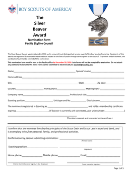 The Silver Beaver Award Nomination Form Pacific Skyline Council