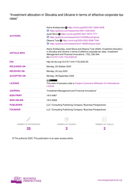 “Investment Allocation in Slovakia and Ukraine in Terms of Effective Corporate Tax Rates”