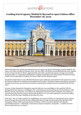 Leading Travel Agency Madrid & Beyond to Open Lisbon Office December 18, 2019