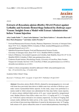 Extracts of Renealmia Alpinia (Rottb.) MAAS Protect Against Lethality And