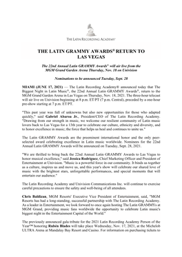 The Latin Grammy Awards® Return to Las Vegas