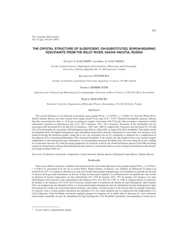 THE CRYSTAL STRUCTURE of Si-DEFICIENT, OH-SUBSTITUTED, BORON-BEARING VESUVIANITE from the WILUY RIVER, SAKHA-YAKUTIA, RUSSIA