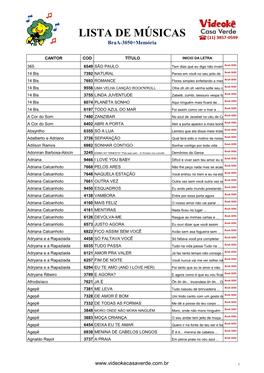 LISTA DE MÚSICAS Braa-3050+Memória