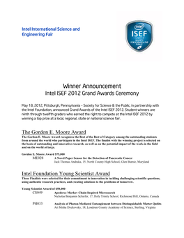 Winner Announcement Intel ISEF 2012 Grand Awards Ceremony