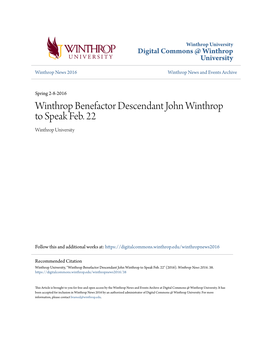 Winthrop Benefactor Descendant John Winthrop to Speak Feb. 22 Winthrop University