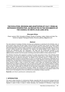 The Evolution, Revision and Adaptation of Cult, from an Orthodox Perspective, As Reflected in the Documents of the Council in Crete (16-26 June 2016)