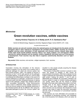 Green Revolution Vaccines, Edible Vaccines
