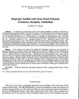 Deepwater Xanthid Crabs from French Polynesia (Crustacea, Decapoda, Xanthoidea)