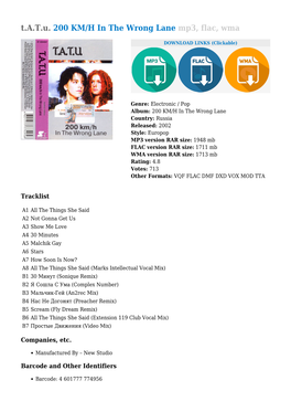 T.A.T.U. 200 KM/H in the Wrong Lane Mp3, Flac, Wma