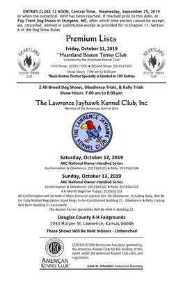 Premium Lists Friday, October 11, 2019 *Heartland Boston Terrier Club Licensed by the American Kennel Club