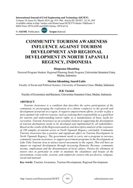 Community Tourism Awareness Influence Against Tourism Development and Regional Development in North Tapanuli Regency, Indonesia