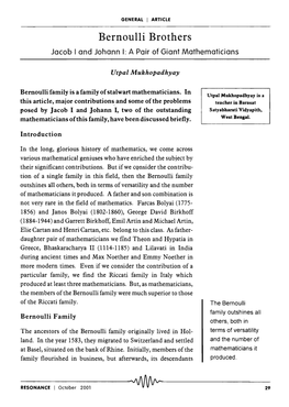 Bernoulli Brothers Jacob 1And Johann I: a Pair of Giant Mathematicians