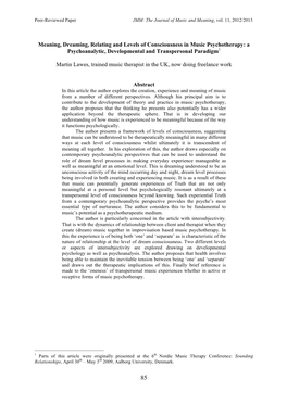 Meaning, Dreaming, Relating and Levels of Consciousness in Music Psychotherapy: a Psychoanalytic, Developmental and Transpersonal Paradigm1