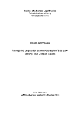 Prerogative Legislation As the Paradigm of Bad Law- Making: the Chagos Islands