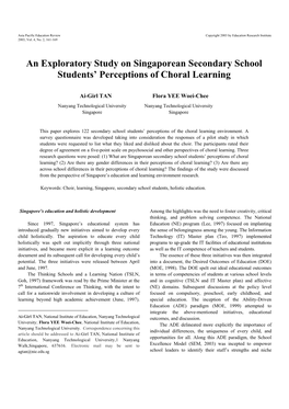 An Exploratory Study on Singaporean Secondary School Students’ Perceptions of Choral Learning