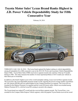 Toyota Motor Sales' Lexus Brand Ranks Highest in J.D. Power Vehicle Dependability Study for Fifth Consecutive Year