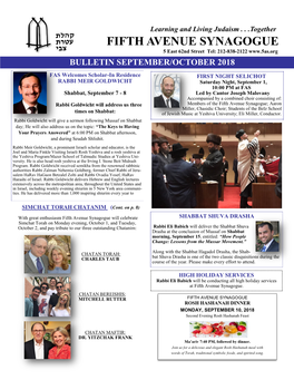 FIFTH AVENUE SYNAGOGUE 5 East 62Nd Street Tel: 212-838-2122 BULLETIN SEPTEMBER/OCTOBER 2018