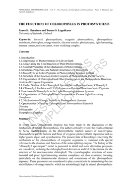 The Functions of Chlorophylls in Photosynthesis - Paavo H