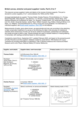 British Canvas, Stretcher and Panel Suppliers' Marks. Part 6, O to Y