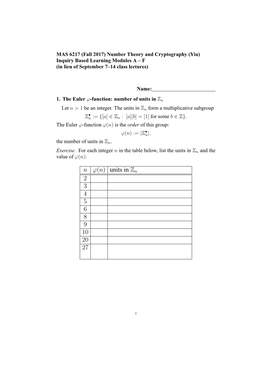 N Φ(N) Is the Order of This Group: Z• Φ(N) := | N|, the Number of Units in Zn